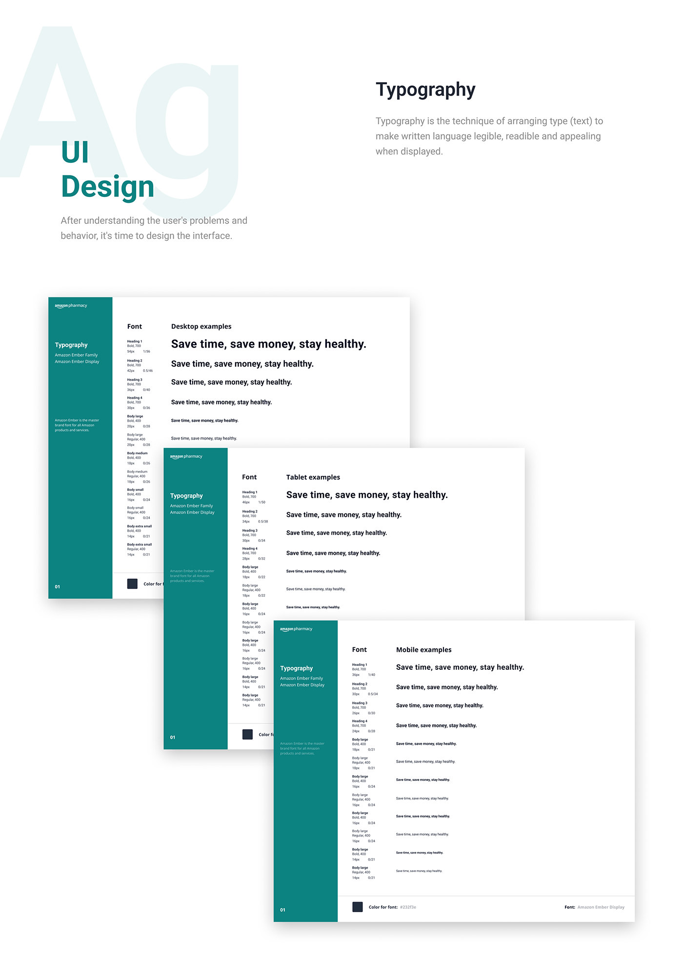 Typography: the type scale in Amazon Ember, shown on desktop, tablet and mobile — headings 1 to 4 and body sizes from large to extra small, each with its weight, size and line height, set in the sample line Save time, save money, stay healthy. Font colour 232F3E.