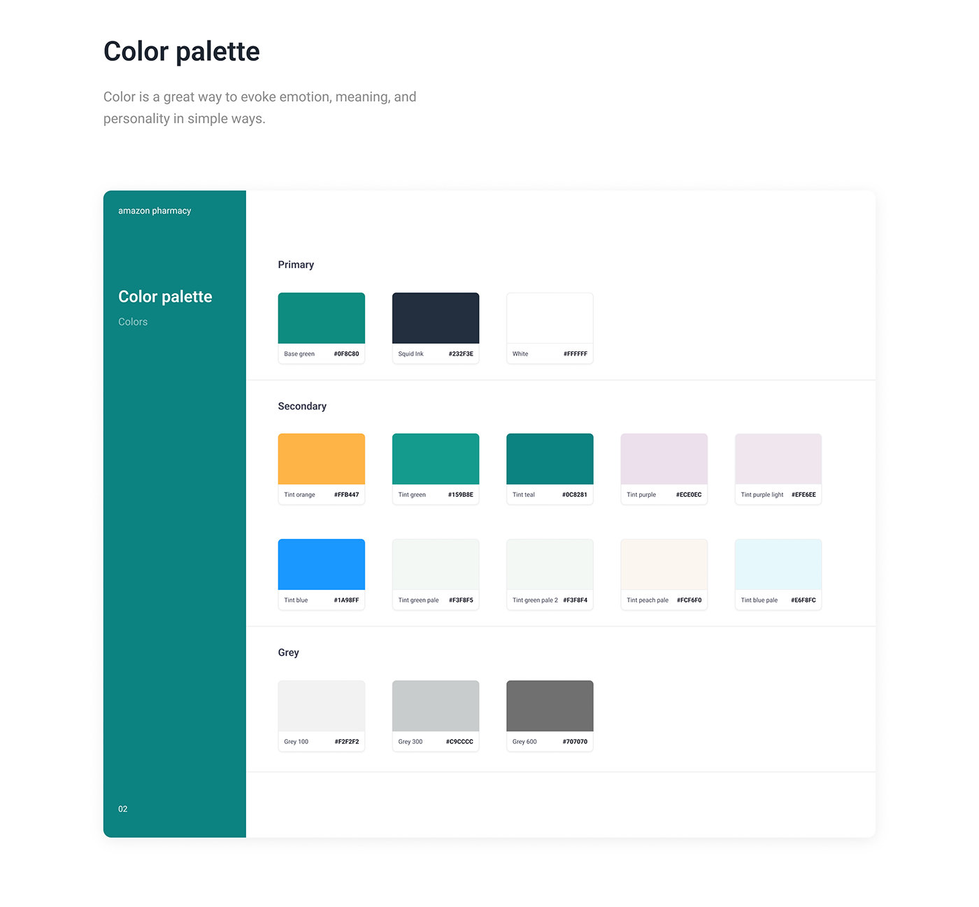 Colour palette. Primary: Base green 0F8C80, Squid Ink 232F3E, white. Secondary: tint orange FFB447, tint green 15988E, tint teal 0C8281, tint purple ECE0EC, tint purple light EFE6EE, tint blue 1A98FF, tint green pale F3F8F5, tint green pale 2 F3F8F4, tint peach pale FCF6F0, tint blue pale E6F8FC. Grey: 100 F2F2F2, 300 C9CCCC, 600 707070.