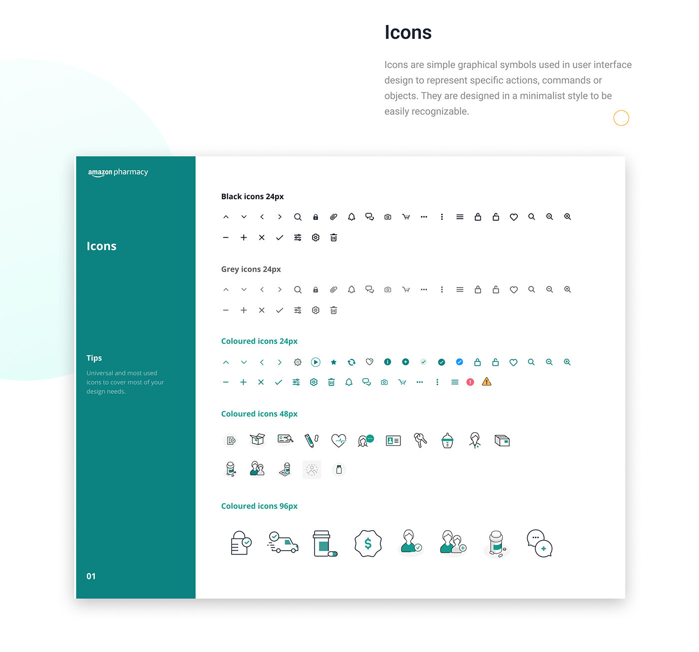 Icons: black and grey icons at 24px, coloured icons at 24px, and illustrated coloured icons at 48px and 96px, such as a prescription bottle, a delivery van and a pharmacist.