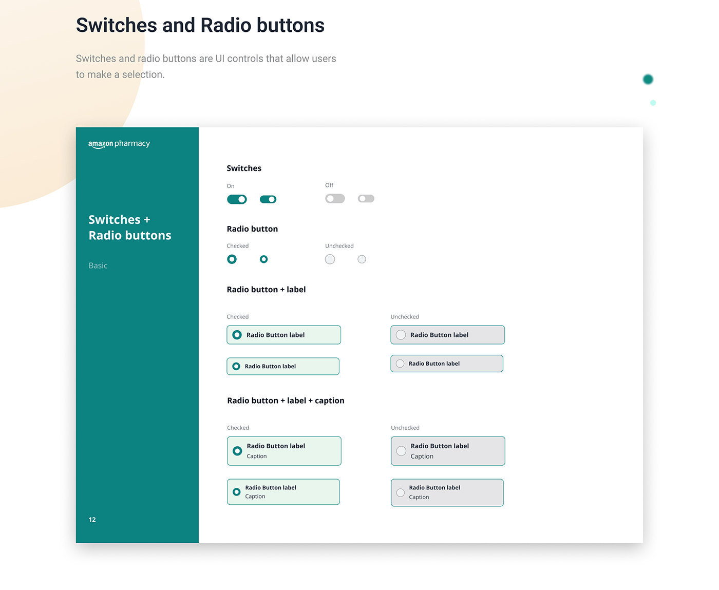Switches and radio buttons, basic: switches on and off, radio buttons checked and unchecked, and radio buttons with a label and with a label and caption, in two sizes.