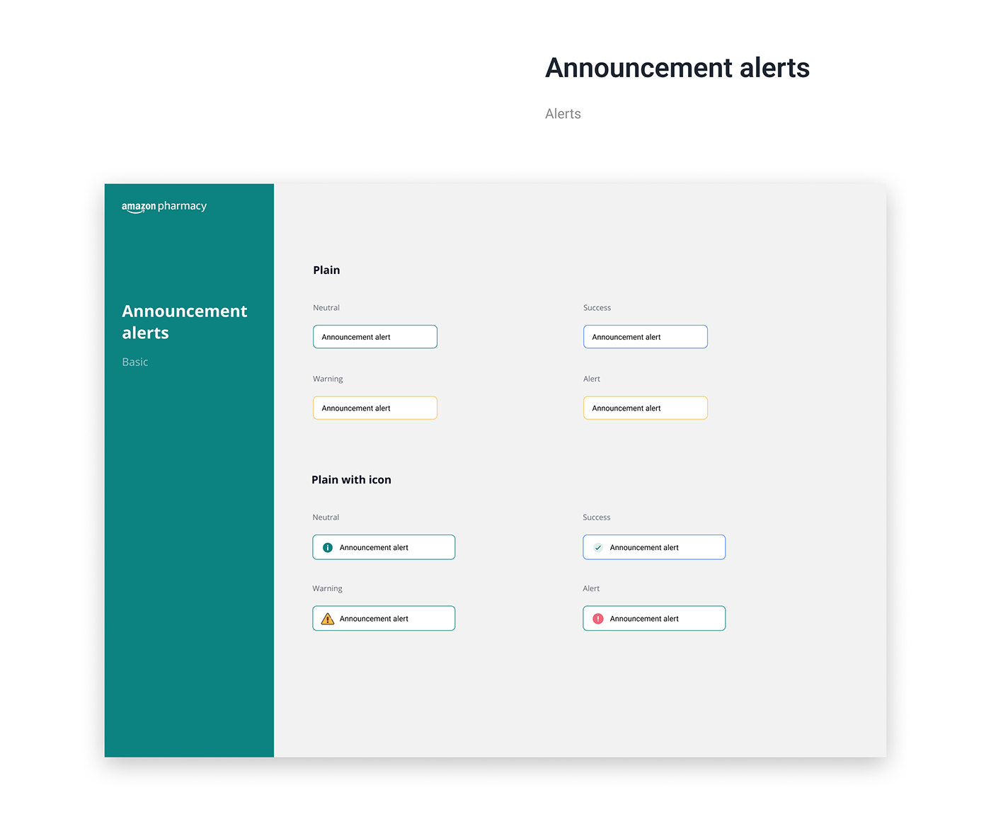 Announcement alerts, basic: plain and plain with icon, each as neutral, success, warning and alert.