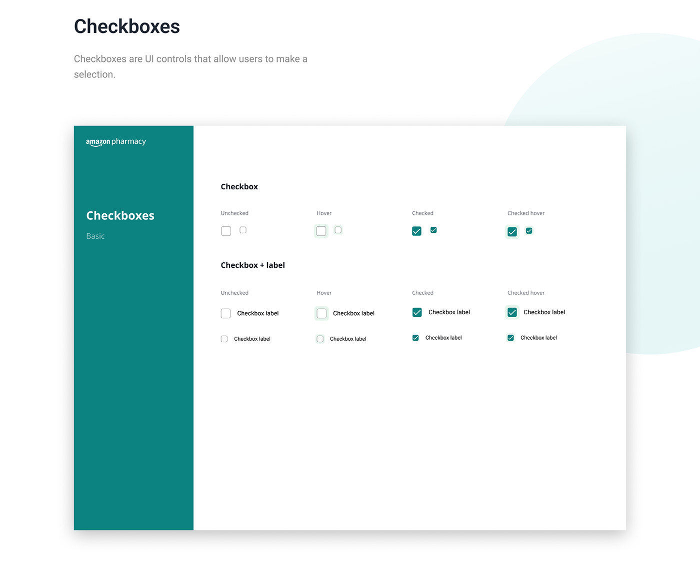 Checkboxes, basic: checkbox and checkbox with label, each unchecked, hover, checked and checked hover, in two sizes.
