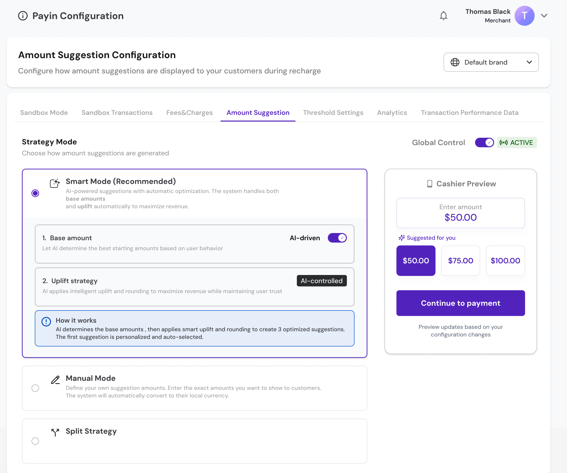 The amount suggestion configuration page: Strategy Mode with Smart Mode selected and Manual Mode and Split Strategy below, and a cashier preview showing an amount field, three suggested amounts and a continue-to-payment button.