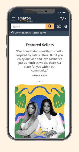 The Featured Sellers carousel on a phone: a quote from the founders of Luna Magic about cosmetics inspired by Latin culture, three dots marking the slides, and a portrait of the two founders.