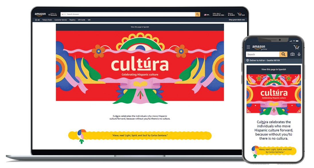 The finished Cultura page on a laptop and a phone: the illustrated Cultura banner, Celebrating Hispanic culture, the line Cultura celebrates the individuals who move Hispanic culture forward, because without you/tú there is no cultura, and a yellow Alexa prompt.