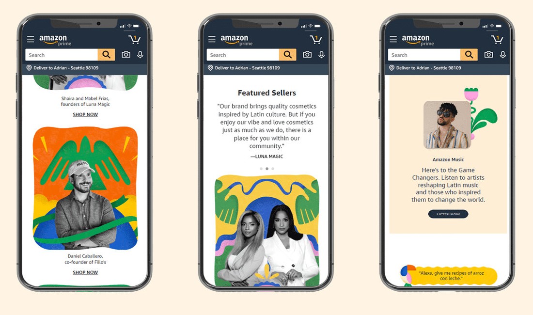Three phone screens of the page: business owners with a Shop now link under each portrait, the Featured Sellers quote carousel, and an Amazon Music card about artists reshaping Latin music.