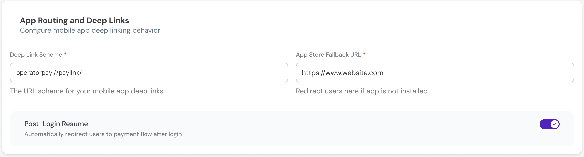 The app routing settings: a deep link scheme field, an app store fallback URL field, and a post-login resume toggle switched on.