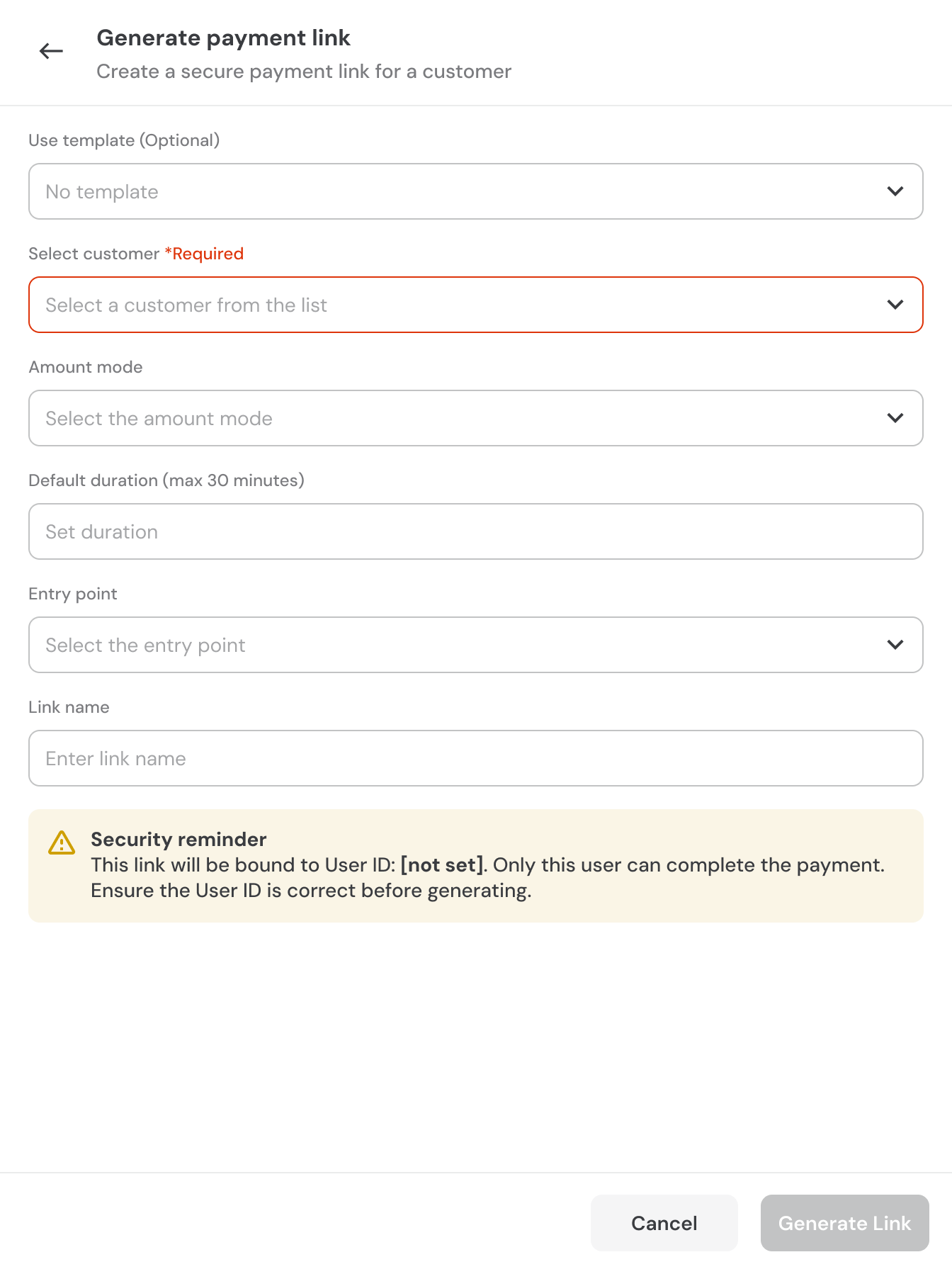 The generate payment link drawer, with fields for template, customer, amount mode, duration, entry point and link name, and a security reminder stating the link will be bound to a user ID.