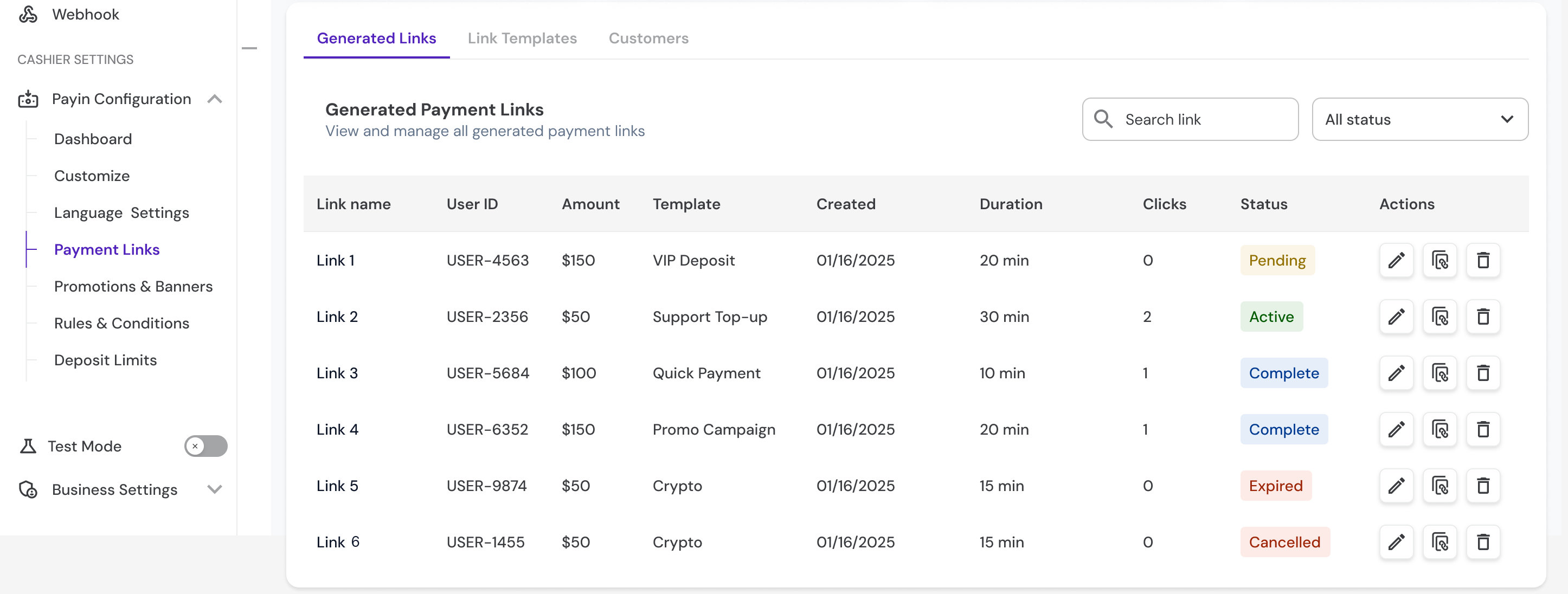 The agent tool's generated links table, showing columns for link name, user ID, amount, template, created date, duration, clicks and status, with rows in pending, active, complete, expired and cancelled states.