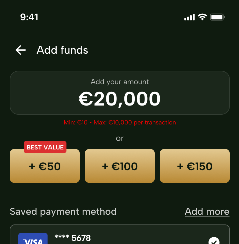 The deposit screen with twenty thousand euro entered and the transaction minimum and maximum shown in red beneath the field.
