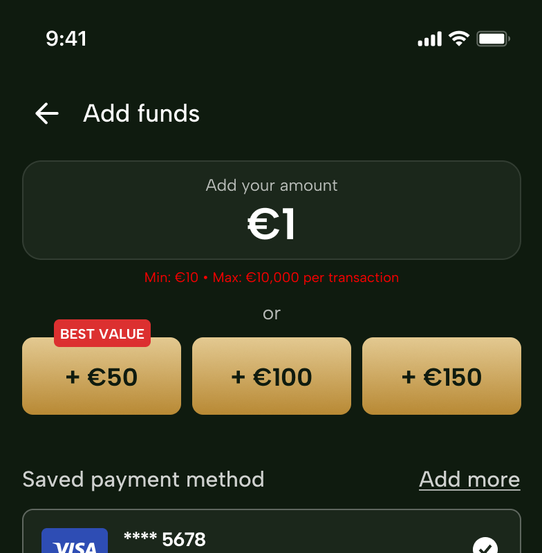 The deposit screen with one euro entered and the transaction minimum and maximum shown in red beneath the field.