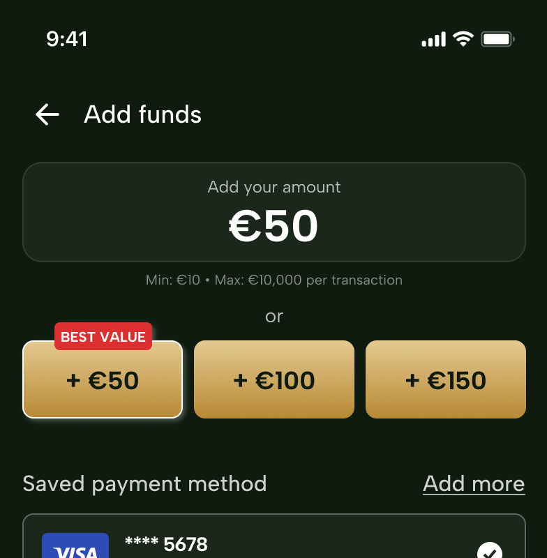 The deposit screen with fifty euro entered and the limits shown in neutral grey beneath the field.