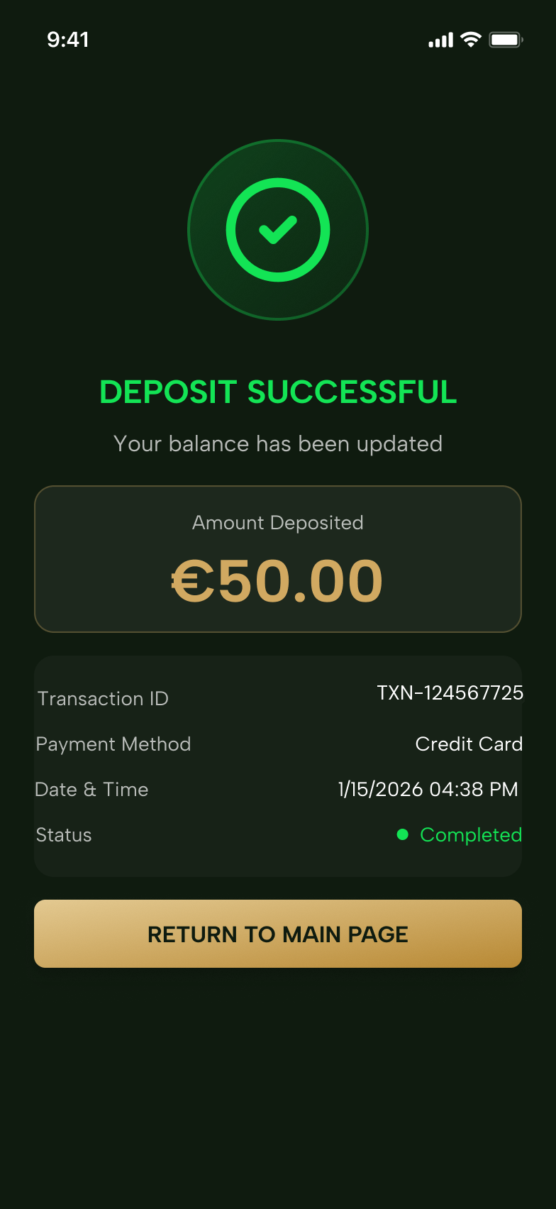 The customer's confirmation screen, showing the deposited amount, transaction reference, payment method, date and time, and a completed status.