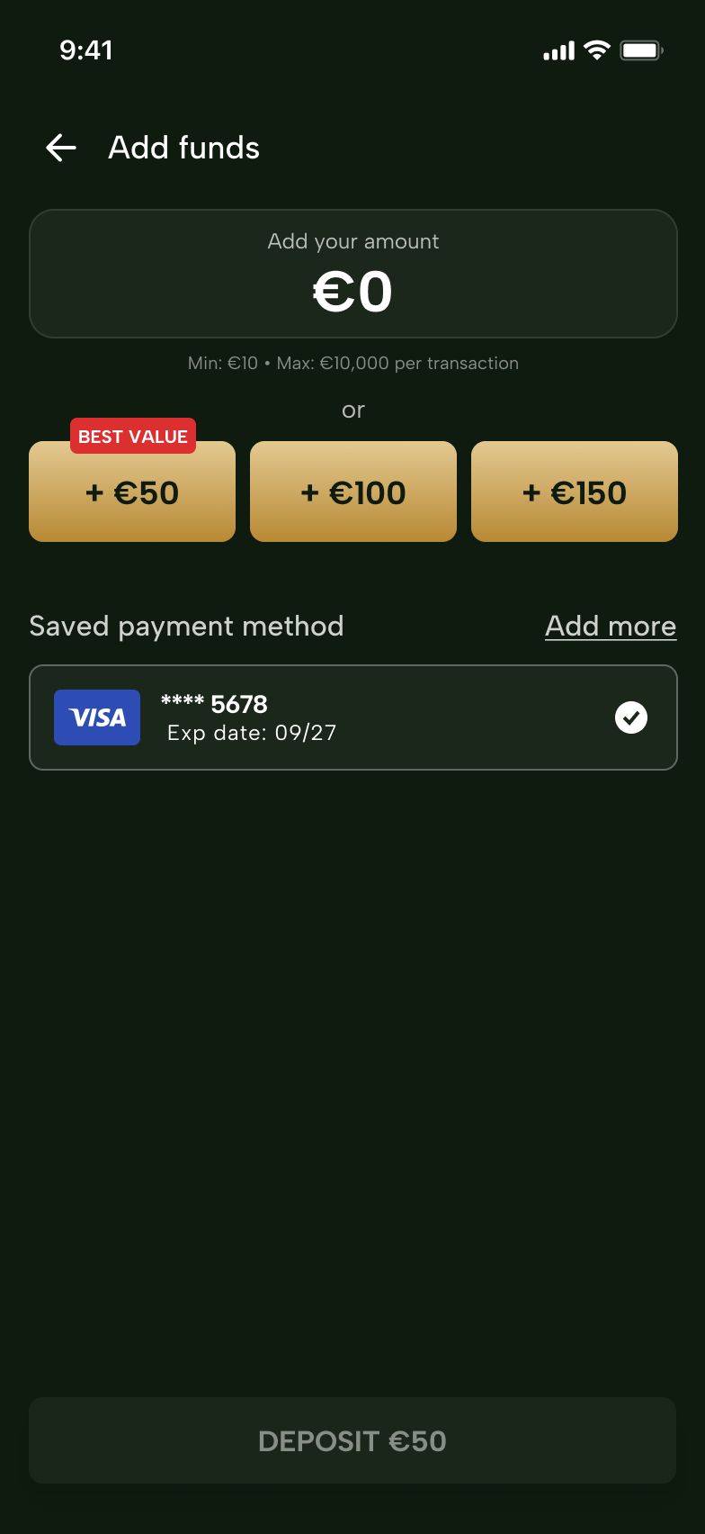 The customer's mobile deposit screen, with an amount field, three quick-amount buttons, transaction minimum and maximum, and a saved Visa card.
