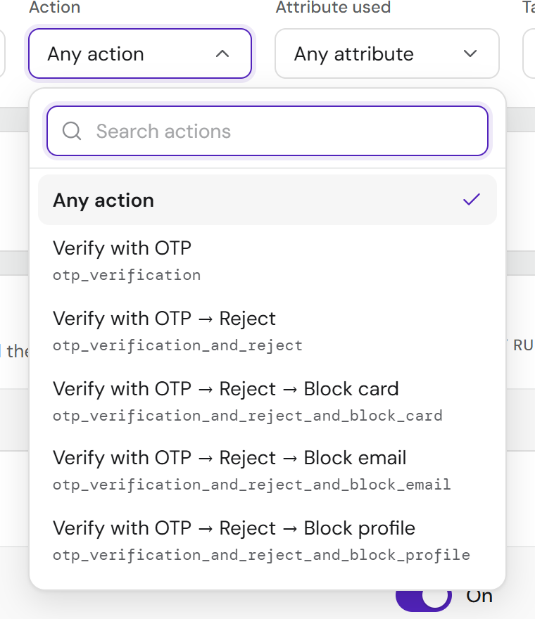 The new action picker: Verify with OTP, then Verify with OTP arrow Reject, and longer chains, each with its machine id in small type beneath.