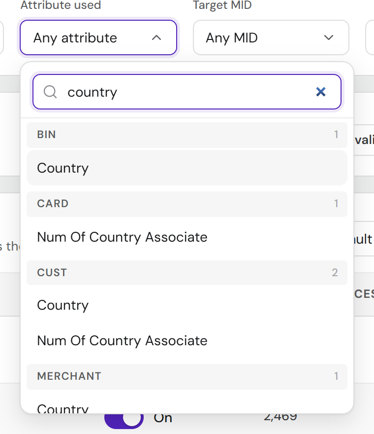 The attribute picker searched for country: results sit under BIN, CARD, CUST and MERCHANT headings, each with a count.