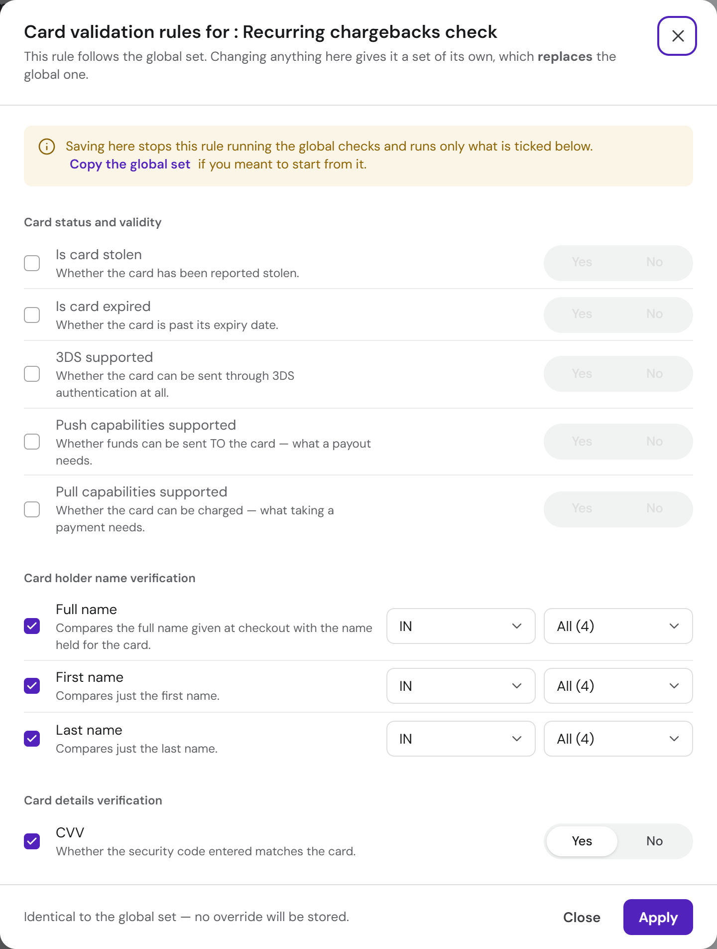 The new card validation sheet: status checks have a single Yes/No control; name checks keep an IN operator and a value.