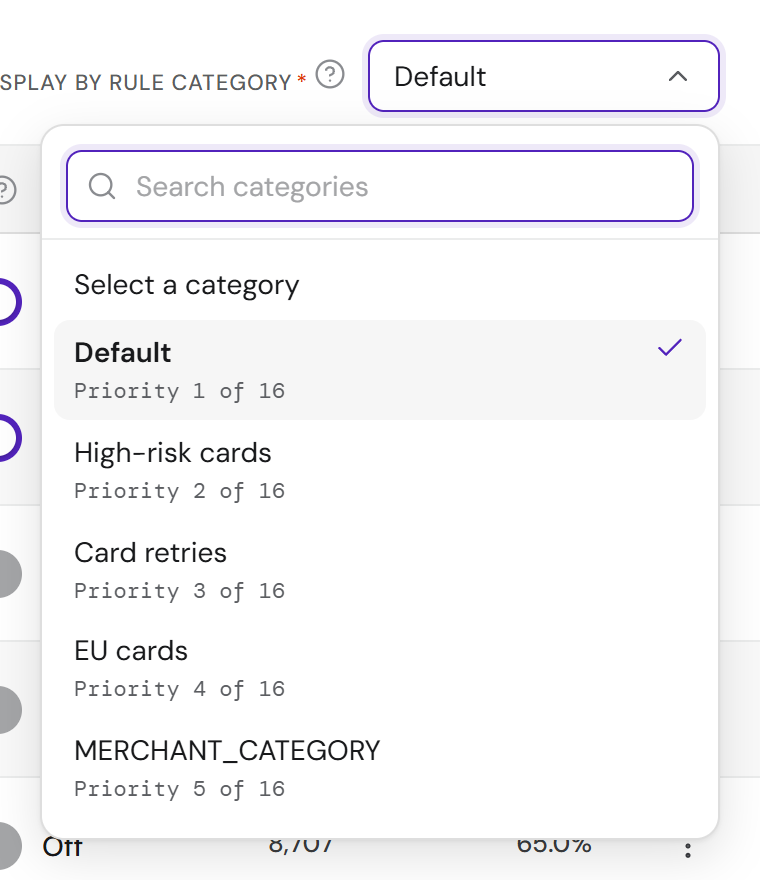 The new category picker: each category with Priority N of 16 beneath its name, in priority order.