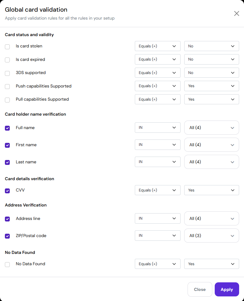 The old global card validation dialog: every check has an Equals operator select and a Yes or No select.