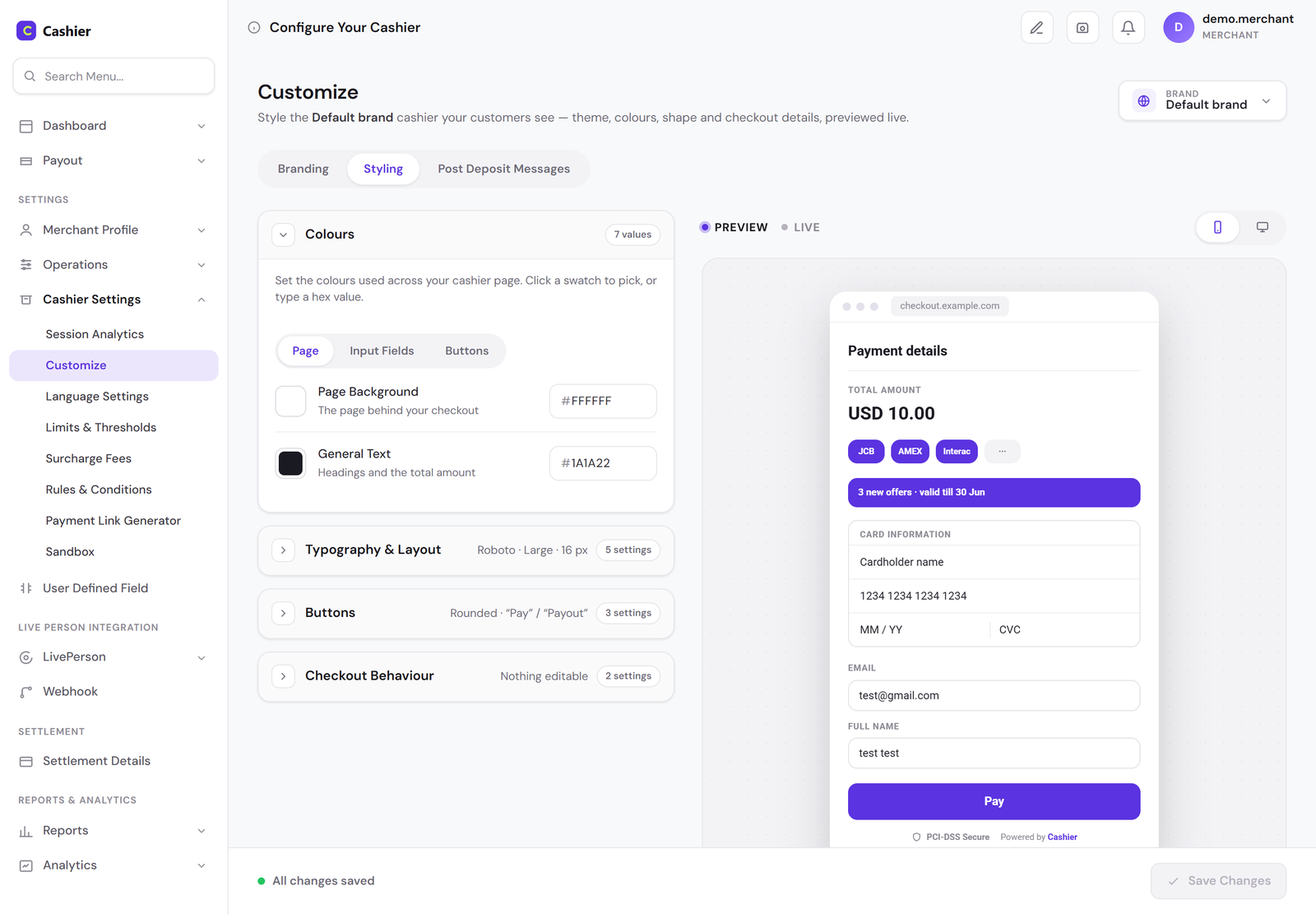 The customisation page: on the left, the Colours section open with Page Background and General Text, and collapsed sections for Typography and Layout, Buttons and Checkout Behaviour each showing a summary; on the right, a live preview of the checkout.
