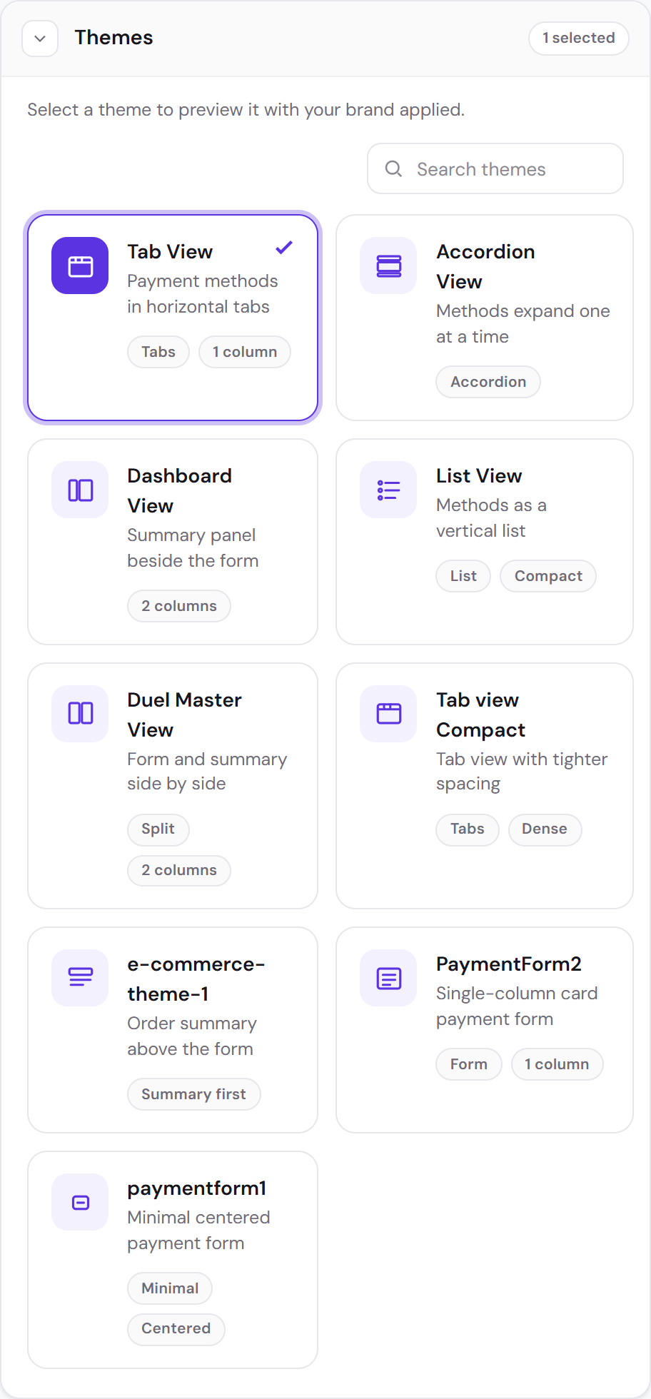The Themes section: a search field and nine theme cards, each with a name, a one-line description and tags such as Tabs, Accordion, 2 columns or Summary first.
