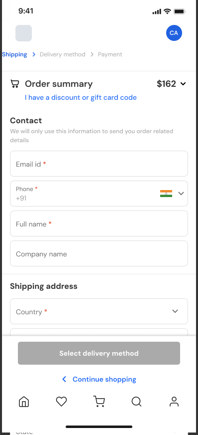 The e-commerce checkout on a phone: the logo and an avatar on the top row, the steps Shipping, Delivery method and Payment on a row of their own beneath, then a collapsed order summary and the contact form.