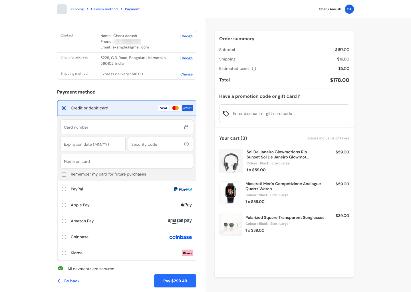 The e-commerce theme on desktop, payment step: a summary of contact, address and shipping method with Change links, then payment methods — card, PayPal, Apple Pay, Amazon Pay, Coinbase and Klarna — beside the same order summary.