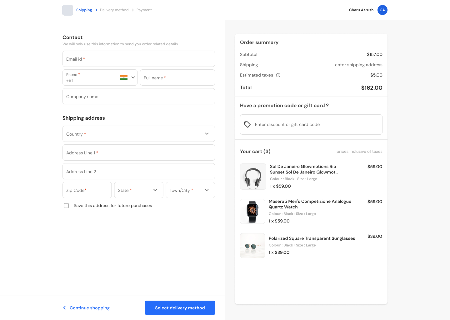 The e-commerce theme on desktop, shipping step: contact and shipping address on the left; on the right the order summary with subtotal, shipping, taxes and total, a promotion code field and the cart.